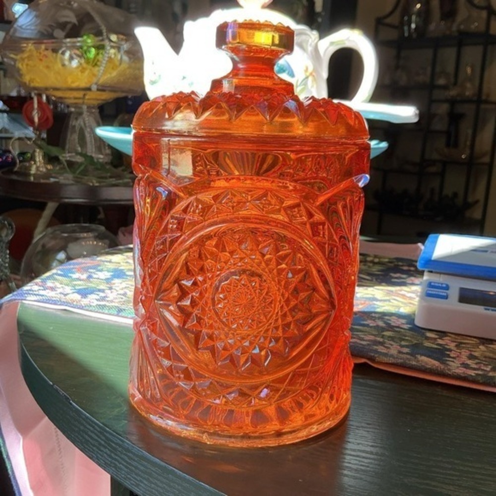 Vintage 8" Imperial Marigold Hobstar Sunburst Carnival Glass Cracker Biscuit Jar